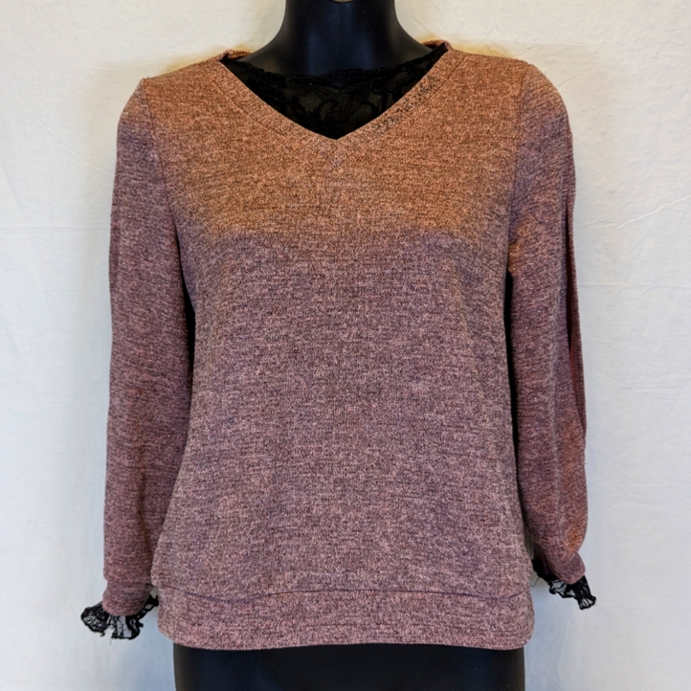 Dusty Rose Pink with Black Lace and Silver Shimmer Long Sleeve Top